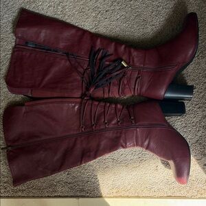 Ashley Stewart Burgundy Lace-Up Over-The-Knee Block Heel Boots
